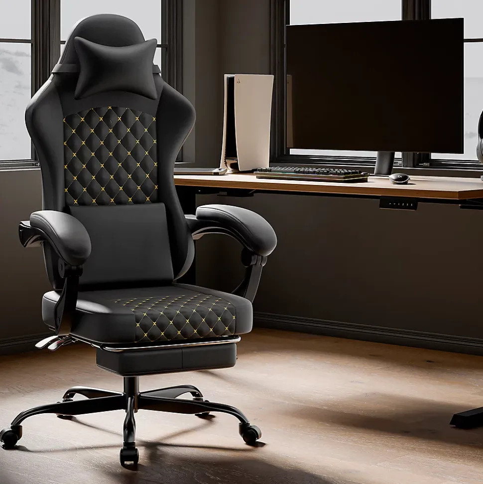 Fauteuil Gamer Fauteuil Cuir avec Repose-Pieds et Soutien Lombaire - Ergonomique Inclinable pour Bureau et Ordinateur - Noir