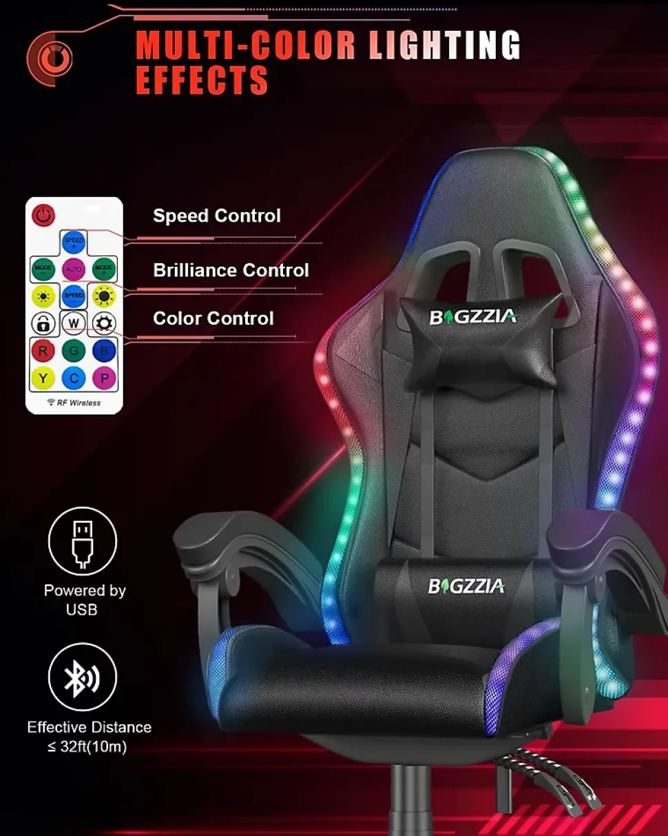 Fauteuil gamer LED RGB ergonomique en similicuir avec support lombaire réglable