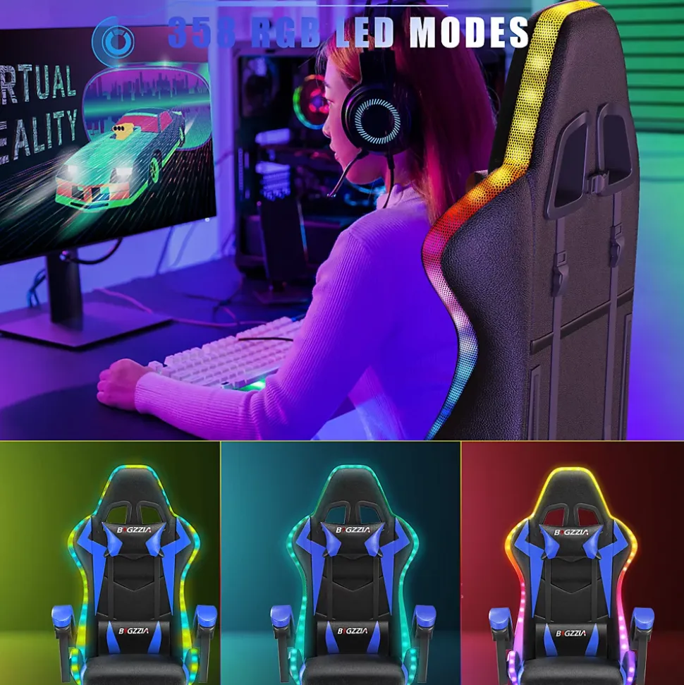 Fauteuil gamer LED RGB ergonomique en similicuir avec support lombaire réglable