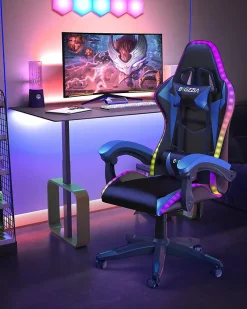 Fauteuil gamer LED RGB ergonomique en similicuir avec support lombaire réglable