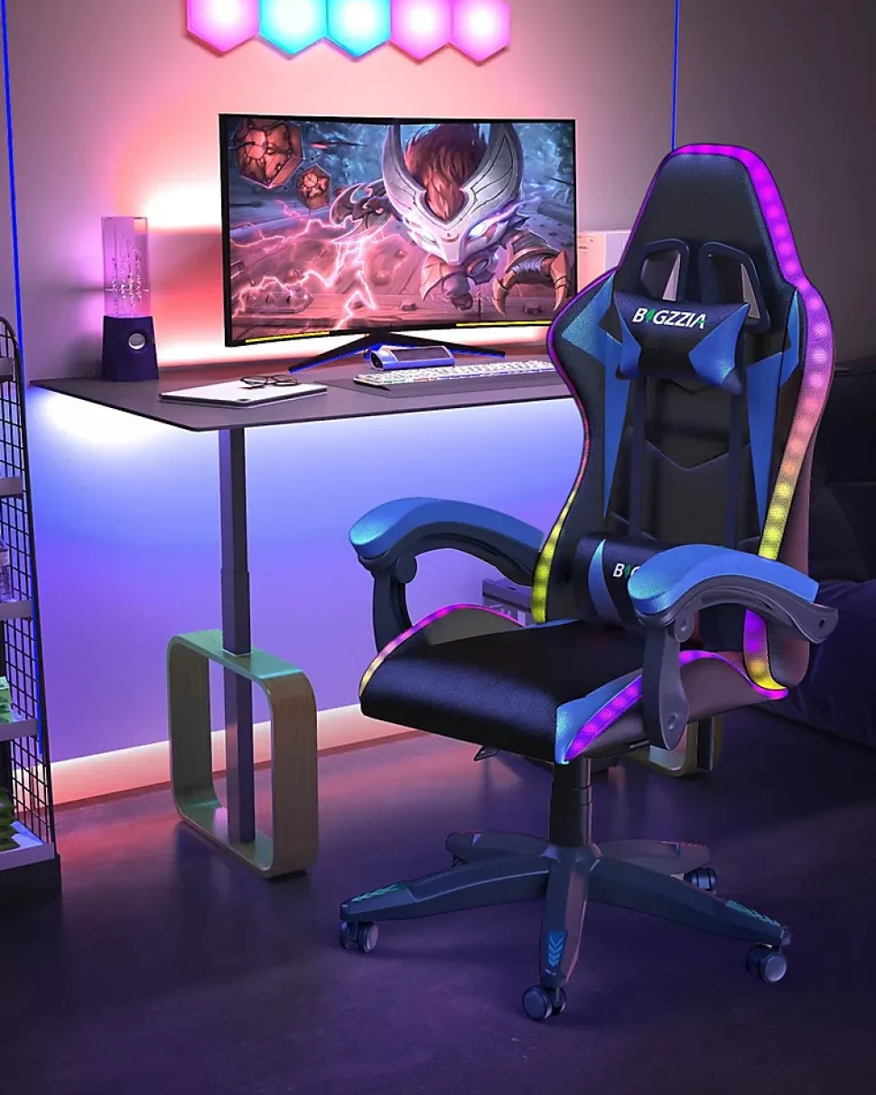 Fauteuil gamer LED RGB ergonomique en similicuir avec support lombaire réglable