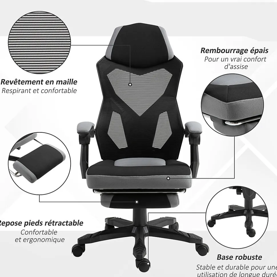 Fauteuil gaming chaise gamer dossier et hauteur réglable roulettes pivotantes repose-pied tissu maille gris noir