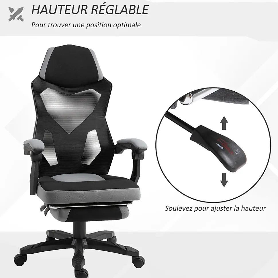 Fauteuil gaming chaise gamer dossier et hauteur réglable roulettes pivotantes repose-pied tissu maille gris noir
