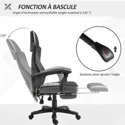 Fauteuil gaming chaise gamer dossier et hauteur réglable roulettes pivotantes repose-pied tissu maille gris noir