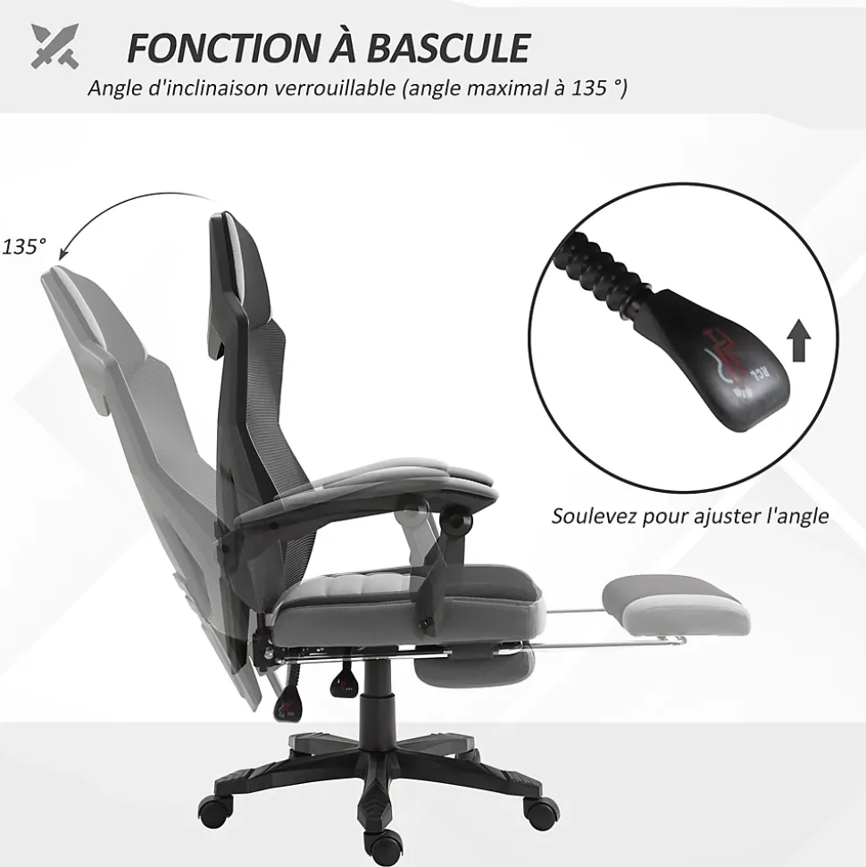 Fauteuil gaming chaise gamer dossier et hauteur réglable roulettes pivotantes repose-pied tissu maille gris noir