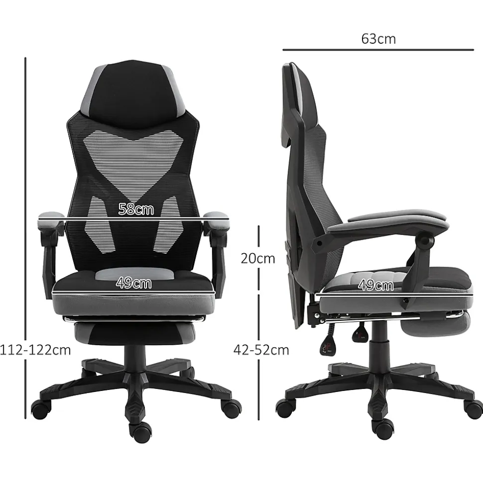 Fauteuil gaming chaise gamer dossier et hauteur réglable roulettes pivotantes repose-pied tissu maille gris noir