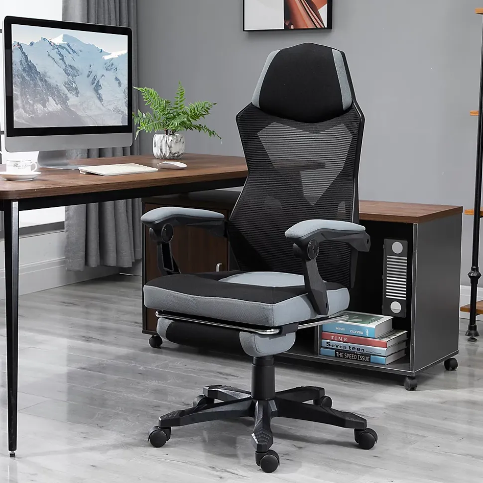 Fauteuil gaming chaise gamer dossier et hauteur réglable roulettes pivotantes repose-pied tissu maille gris noir