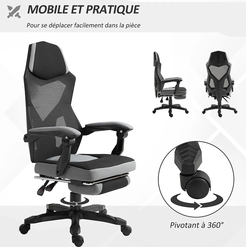 Fauteuil gaming chaise gamer dossier et hauteur réglable roulettes pivotantes repose-pied tissu maille gris noir
