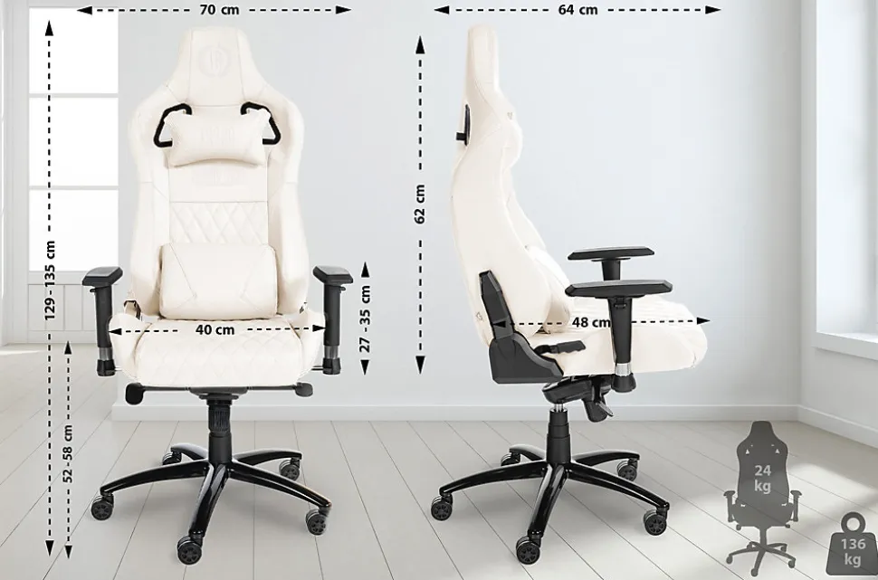 Fauteuil gaming en cuir, hauteur réglable, dossier inclinable, coussin lombaire, pivotant Blanc