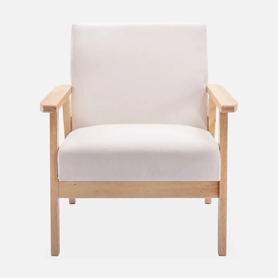 Fauteuil scandinave en bois et tissu crème. Isak. L 64 x P 69.5 x H 73cm
