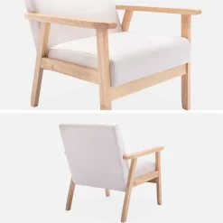 Fauteuil scandinave en bois et tissu crème. Isak. L 64 x P 69.5 x H 73cm