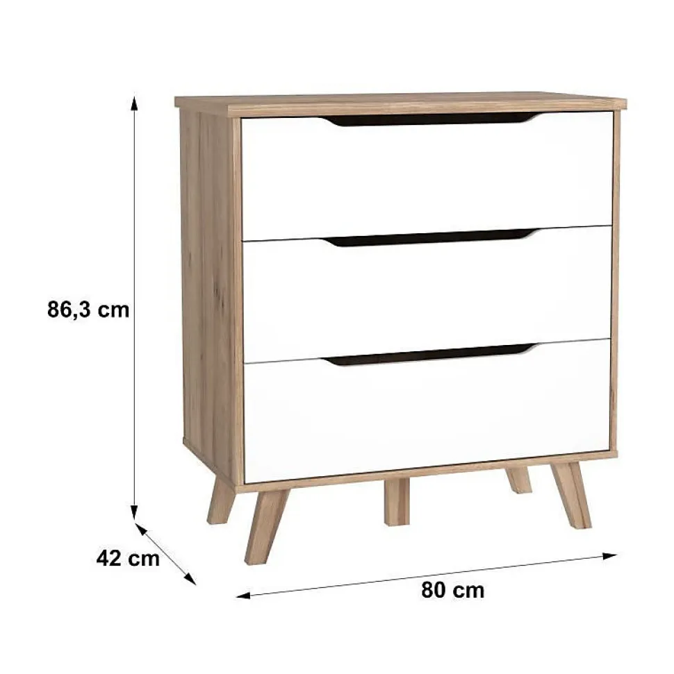 FINLANDEK Commode de chambre VANKKA scandinave decor chene et blanc mat + pieds en bois massif - L 80 cm