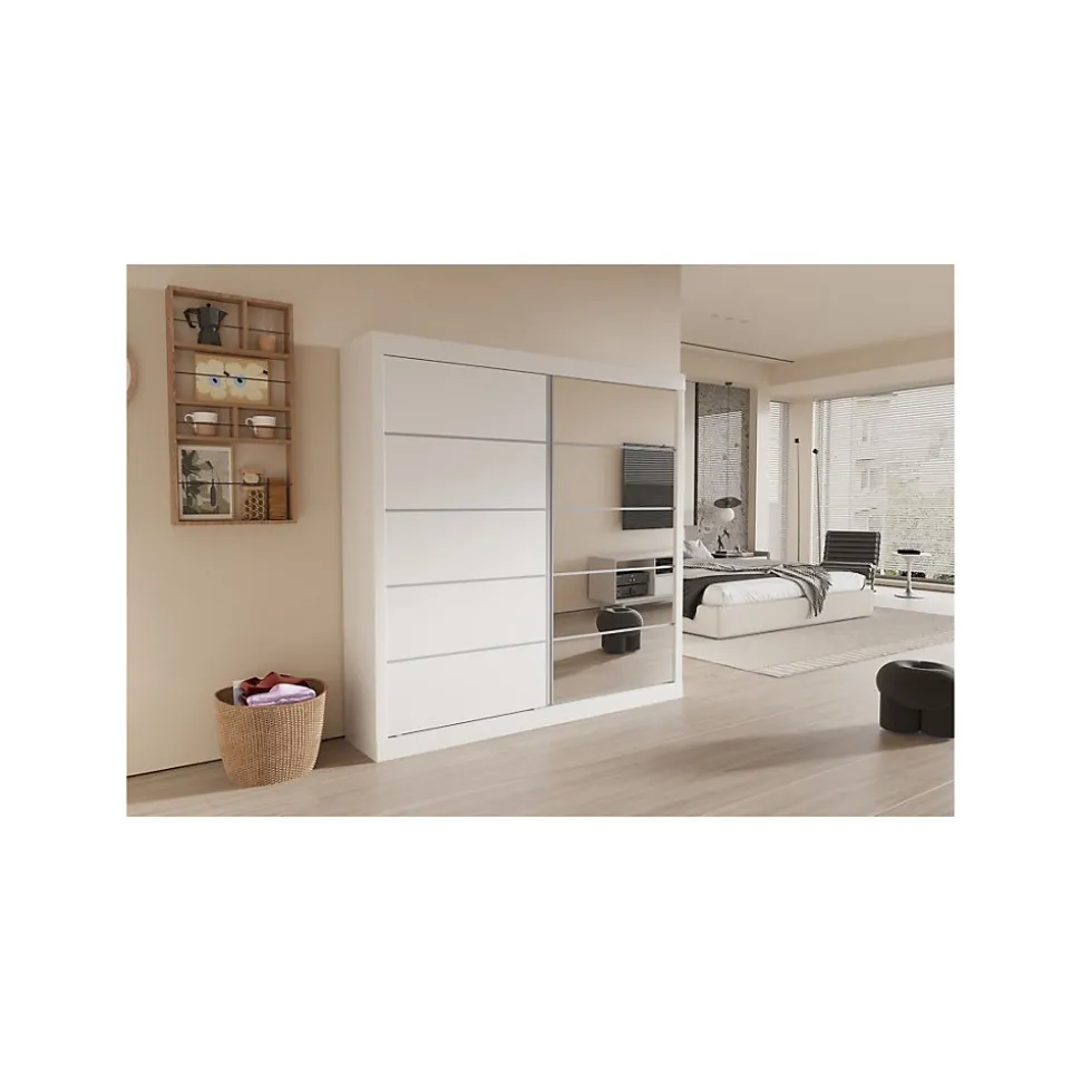 Garde Robe MILS, armoire 2 portes coulissantes avec miroir coloris blanc