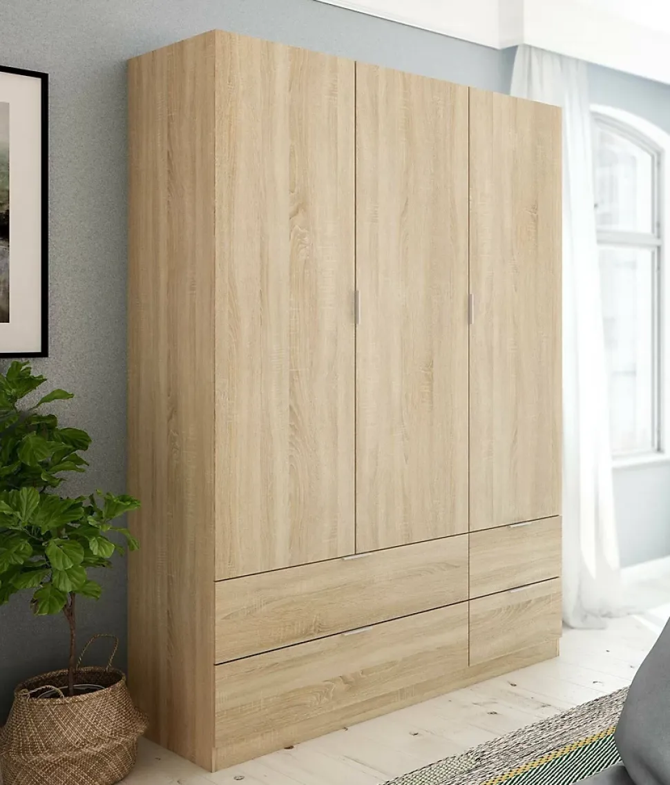 Garde-robe 3 portes Ababala, Armoire de chambre avec 3 portes et 2 tiroirs, Armoire à vêtements, 135x52h200 cm, Chêne