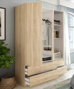Garde-robe 3 portes Ababala, Armoire de chambre avec 3 portes et 2 tiroirs, Armoire à vêtements, 135x52h200 cm, Chêne