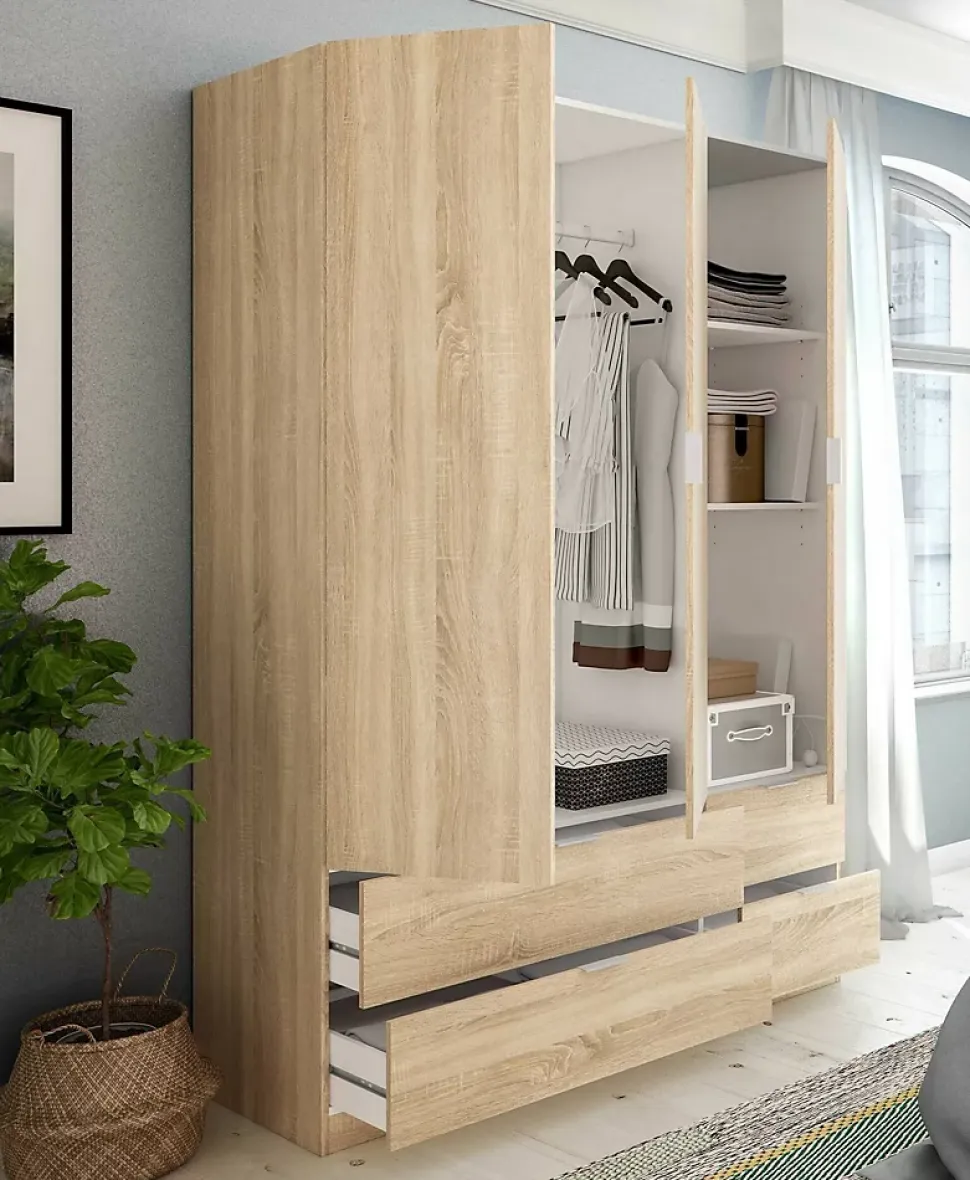 Garde-robe 3 portes Ababala, Armoire de chambre avec 3 portes et 2 tiroirs, Armoire à vêtements, 135x52h200 cm, Chêne