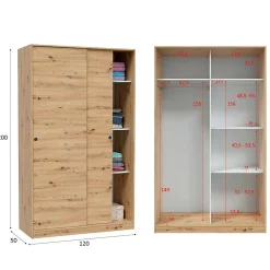 Garde-robe 2 portes Adrenalin, Armoire de chambre, Armoire avec 4 étagères et tringle à vêtements, 120x50h200 cm, Chêne Nodi