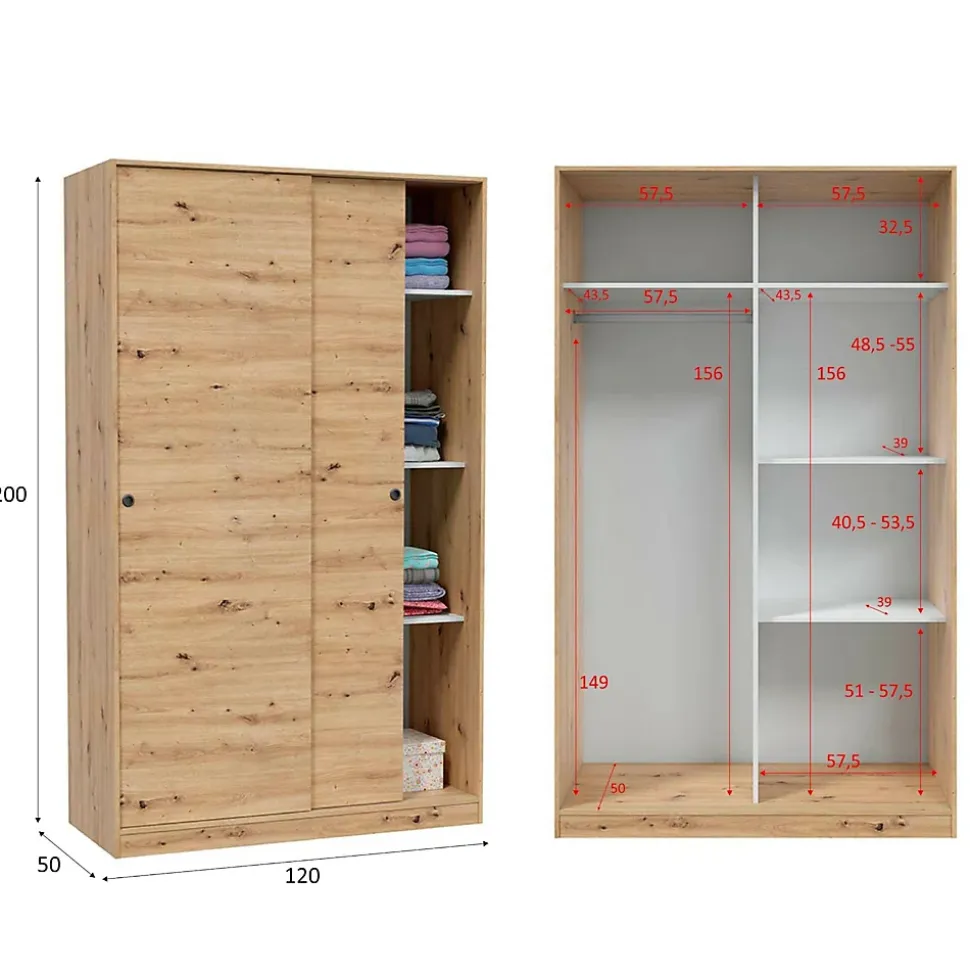 Garde-robe 2 portes Adrenalin, Armoire de chambre, Armoire avec 4 étagères et tringle à vêtements, 120x50h200 cm, Chêne Nodi