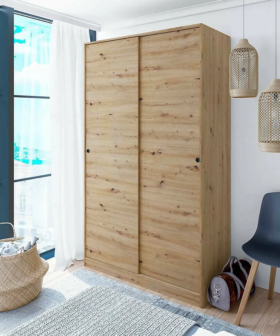 Garde-robe 2 portes Adrenalin, Armoire de chambre, Armoire avec 4 étagères et tringle à vêtements, 120x50h200 cm, Chêne Nodi