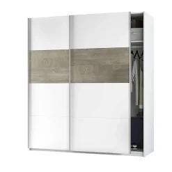 Garde-robe 2 portes Ainu, Armoire de chambre, Armoire avec tringle à vêtements et 3 étagères, 180x60h200 cm, Blanc et Chêne