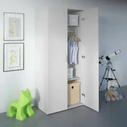 Garde-robe 2 portes Alibabba, Meubles de chambre, Penderie de plain-pied, Placard à vêtements, 77x49 h175 cm, Blanc