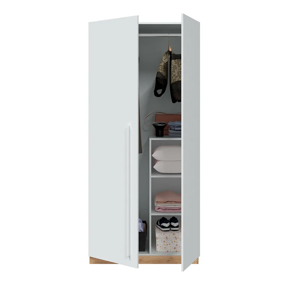 Garde-robe 2 portes Alpine, armoire de chambre, meuble avec 3 étagères et tringle à vêtements, 90x52h200 cm, chêne noueux et blanc