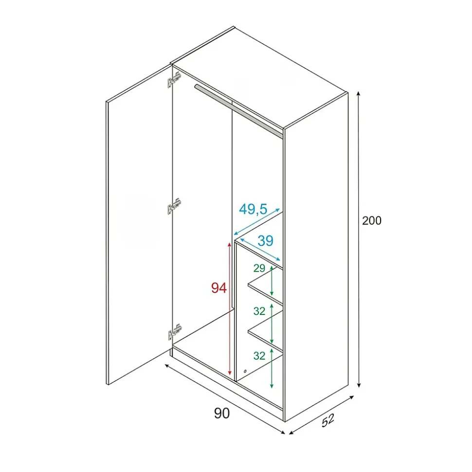 Garde-robe 2 portes Alpine, armoire de chambre, meuble avec 3 étagères et tringle à vêtements, 90x52h200 cm, chêne noueux et blanc