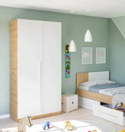 Garde-robe 2 portes Alpine, armoire de chambre, meuble avec 3 étagères et tringle à vêtements, 90x52h200 cm, chêne noueux et blanc