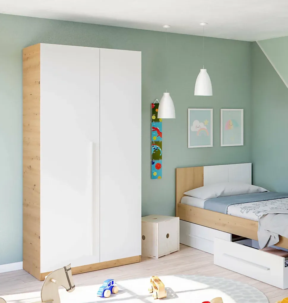 Garde-robe 2 portes Alpine, armoire de chambre, meuble avec 3 étagères et tringle à vêtements, 90x52h200 cm, chêne noueux et blanc