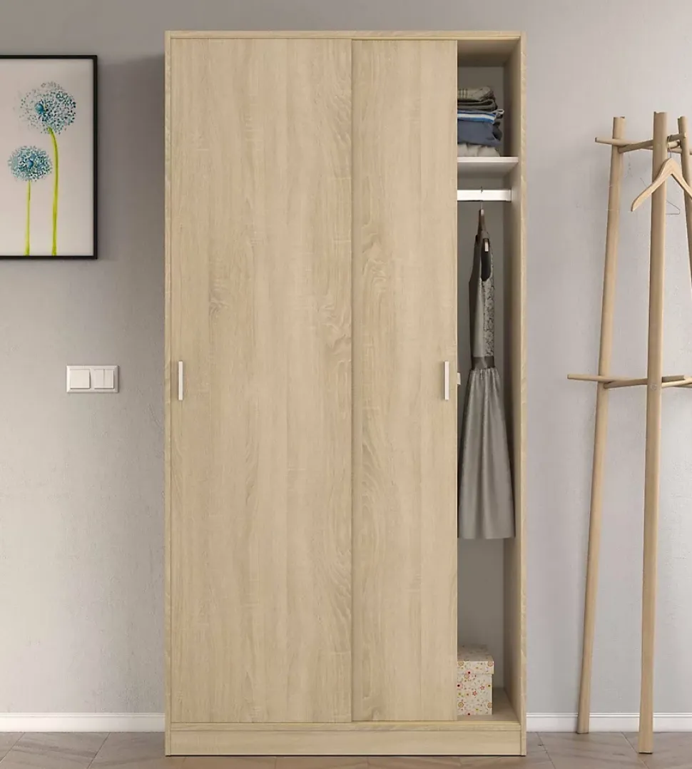 Garde-robe 2 portes Alt, armoire de chambre, armoire avec étagère et tringle à vêtements, 100x50h200 cm, chêne