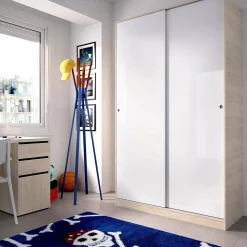 Garde-robe 2 portes Alyson, Cintre pour chambre à coucher, Armoire à portes coulissantes, 120x50h204 cm, Blanc et Chêne