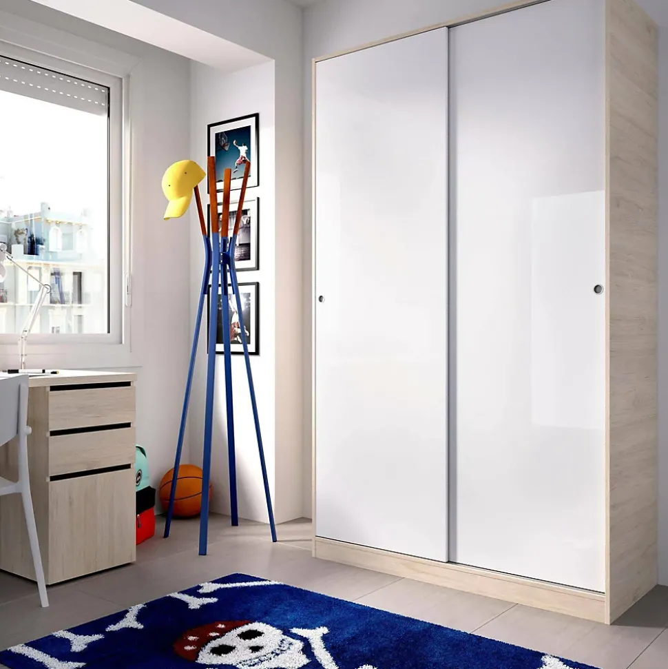 Garde-robe 2 portes Alyson, Cintre pour chambre à coucher, Armoire à portes coulissantes, 120x50h204 cm, Blanc et Chêne
