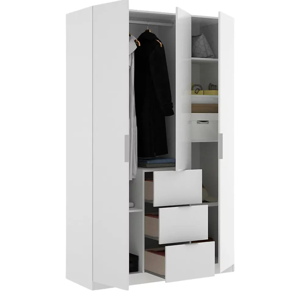 Garde-robe 3 portes Anabela, Cintre pour chambre à coucher, armoire 3 tiroirs, 135x52h204 cm, Blanc