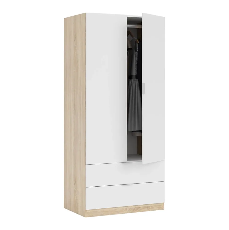 Garde-robe 2 portes Appadu, armoire de chambre 2 tiroirs, Armoire avec tringle à vêtements, 82x52h180 cm, Blanc et Chêne