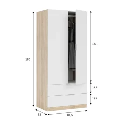 Garde-robe 2 portes Appadu, armoire de chambre 2 tiroirs, Armoire avec tringle à vêtements, 82x52h180 cm, Blanc et Chêne