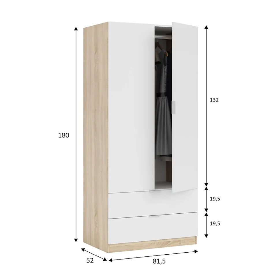 Garde-robe 2 portes Appadu, armoire de chambre 2 tiroirs, Armoire avec tringle à vêtements, 82x52h180 cm, Blanc et Chêne