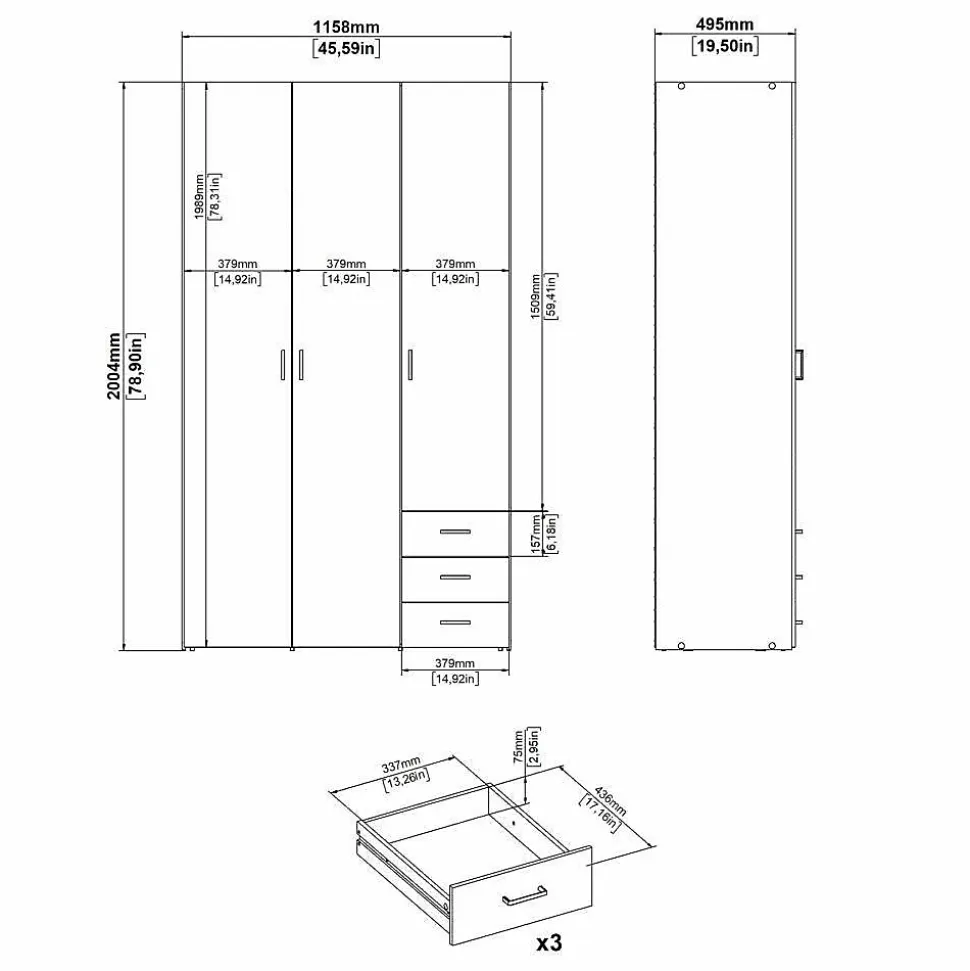 Garde-robe 3 portes Aquilone, Meubles de chambre, Penderie de plain-pied, Placard à vêtements, 115x49 h200 cm, Blanc