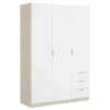 Garde-robe 3 portes Astru, Cintre pour chambre, armoire 3 tiroirs, 121x52h184 cm, Blanc et Chêne