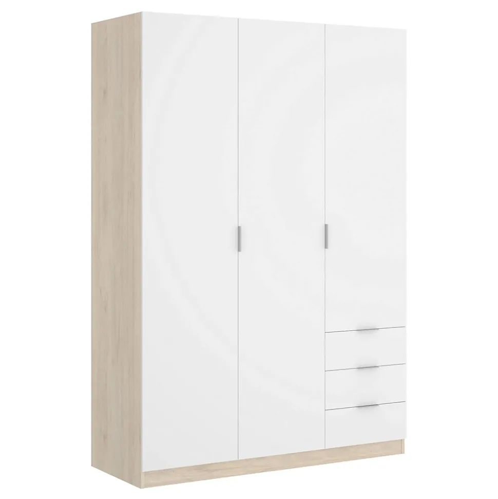 Garde-robe 3 portes Astru, Cintre pour chambre, armoire 3 tiroirs, 121x52h184 cm, Blanc et Chêne