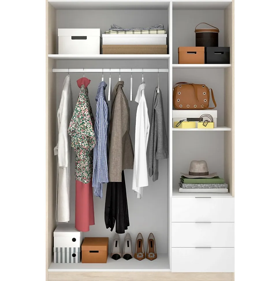 Garde-robe 3 portes Astru, Cintre pour chambre, armoire 3 tiroirs, 121x52h184 cm, Blanc et Chêne