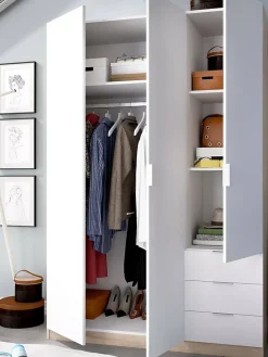Garde-robe 3 portes Astru, Cintre pour chambre, armoire 3 tiroirs, 121x52h184 cm, Blanc et Chêne