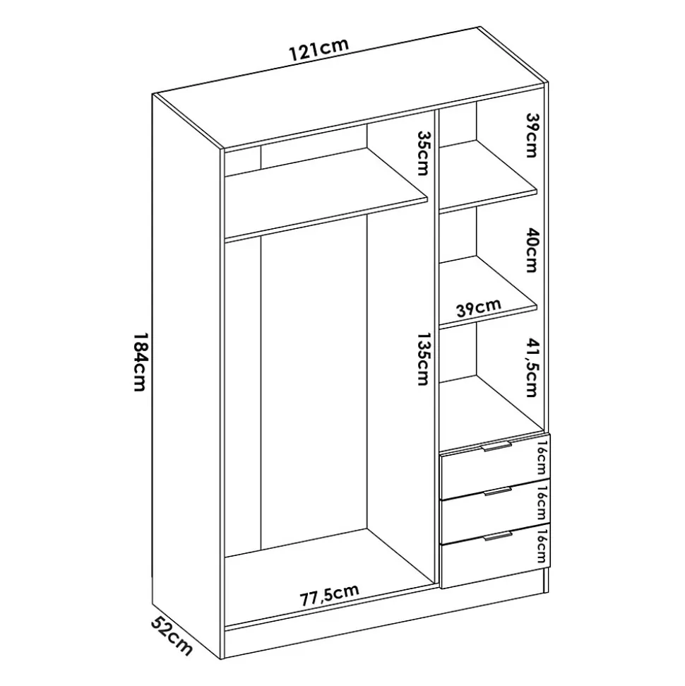 Garde-robe 3 portes Astru, Cintre pour chambre, armoire 3 tiroirs, 121x52h184 cm, Blanc et Chêne