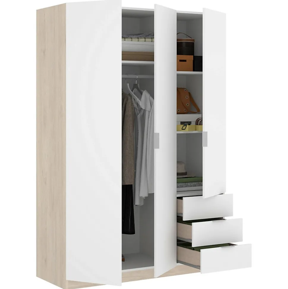 Garde-robe 3 portes Astru, Cintre pour chambre, armoire 3 tiroirs, 121x52h184 cm, Blanc et Chêne