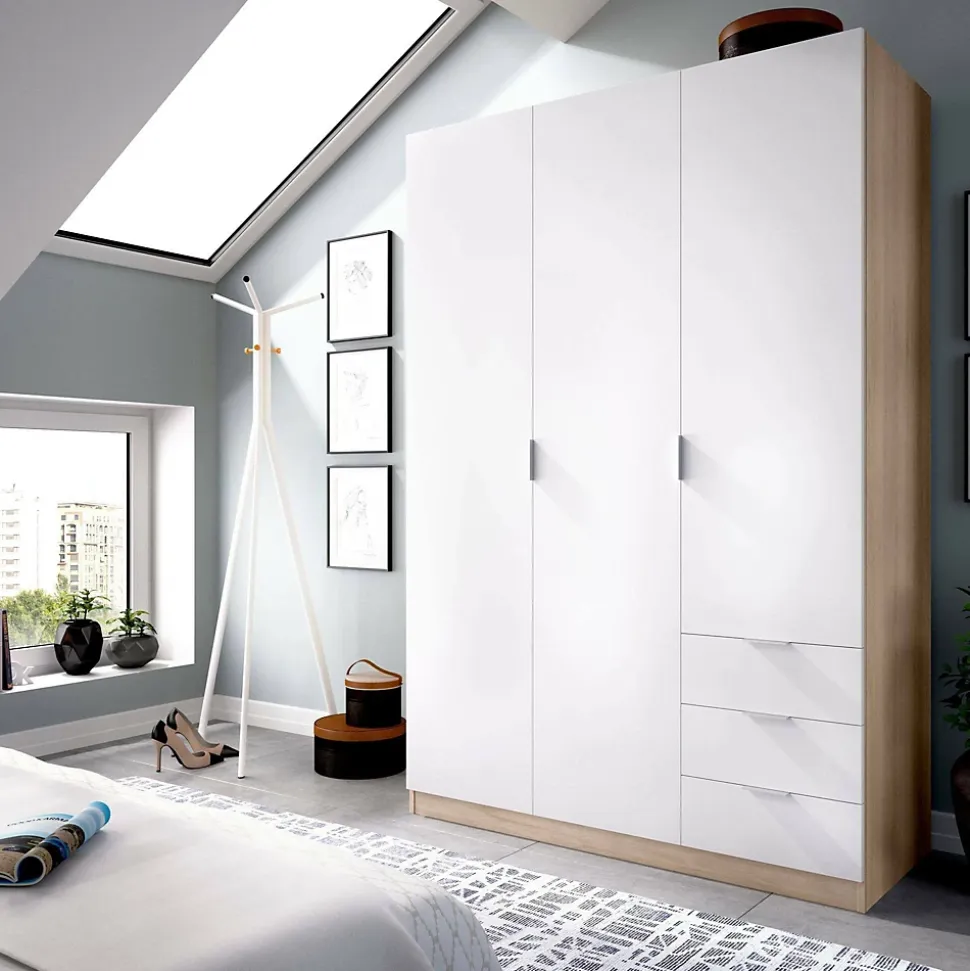 Garde-robe 3 portes Astru, Cintre pour chambre, armoire 3 tiroirs, 121x52h184 cm, Blanc et Chêne