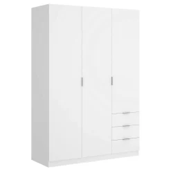 Garde-robe 3 portes Astru, Cintre pour chambre, armoire 3 tiroirs, 121x52h184 cm, Blanc