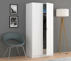 Garde-robe 2 portes Avik, Armoire de Chambre, Meubles de Chambre avec 1 étagère et tringle à vêtements, 82x52h180 cm, Blanc