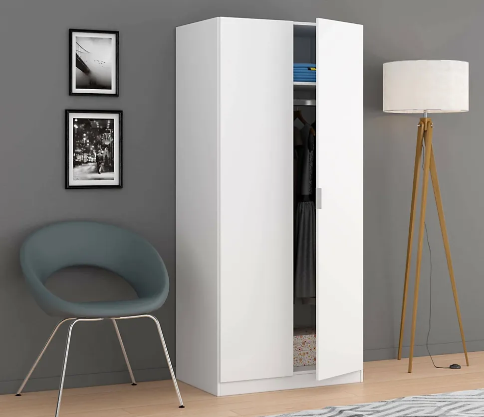 Garde-robe 2 portes Avik, Armoire de Chambre, Meubles de Chambre avec 1 étagère et tringle à vêtements, 82x52h180 cm, Blanc