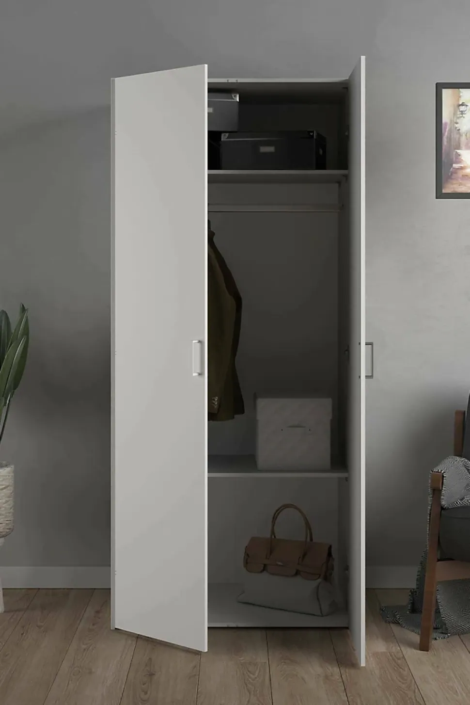 Garde-robe 2 portes Danny, Meubles de chambre, Penderie de plain-pied, Placard à vêtements, 78x50 h175 cm, Blanc