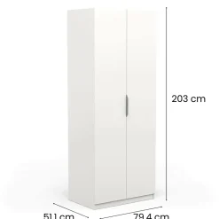 Garde-robe 2 portes Fioretta, Meubles de chambre, Penderie de plain-pied, Placard à vêtements, 79x51 h203 cm, Blanc mat