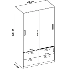 Garde-robe 2 portes Kirogi, Meubles de chambre, Penderie de plain-pied, Placard à vêtements, 120x60 h204 cm, Blanc et Chêne clair